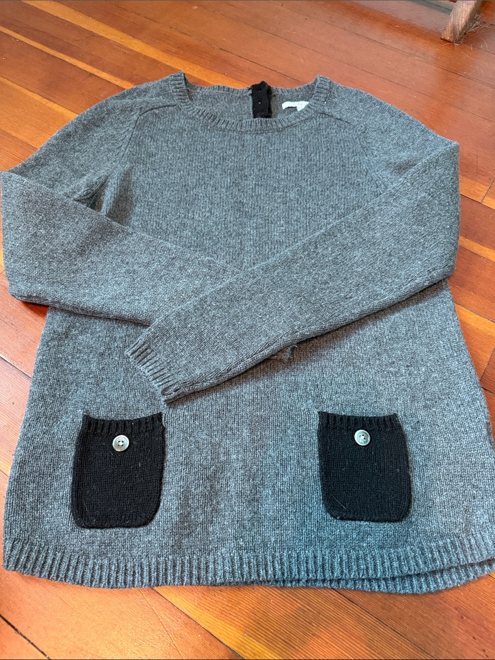 Boden Heather Gray Crewneck Sweater with Black Patch Pockets